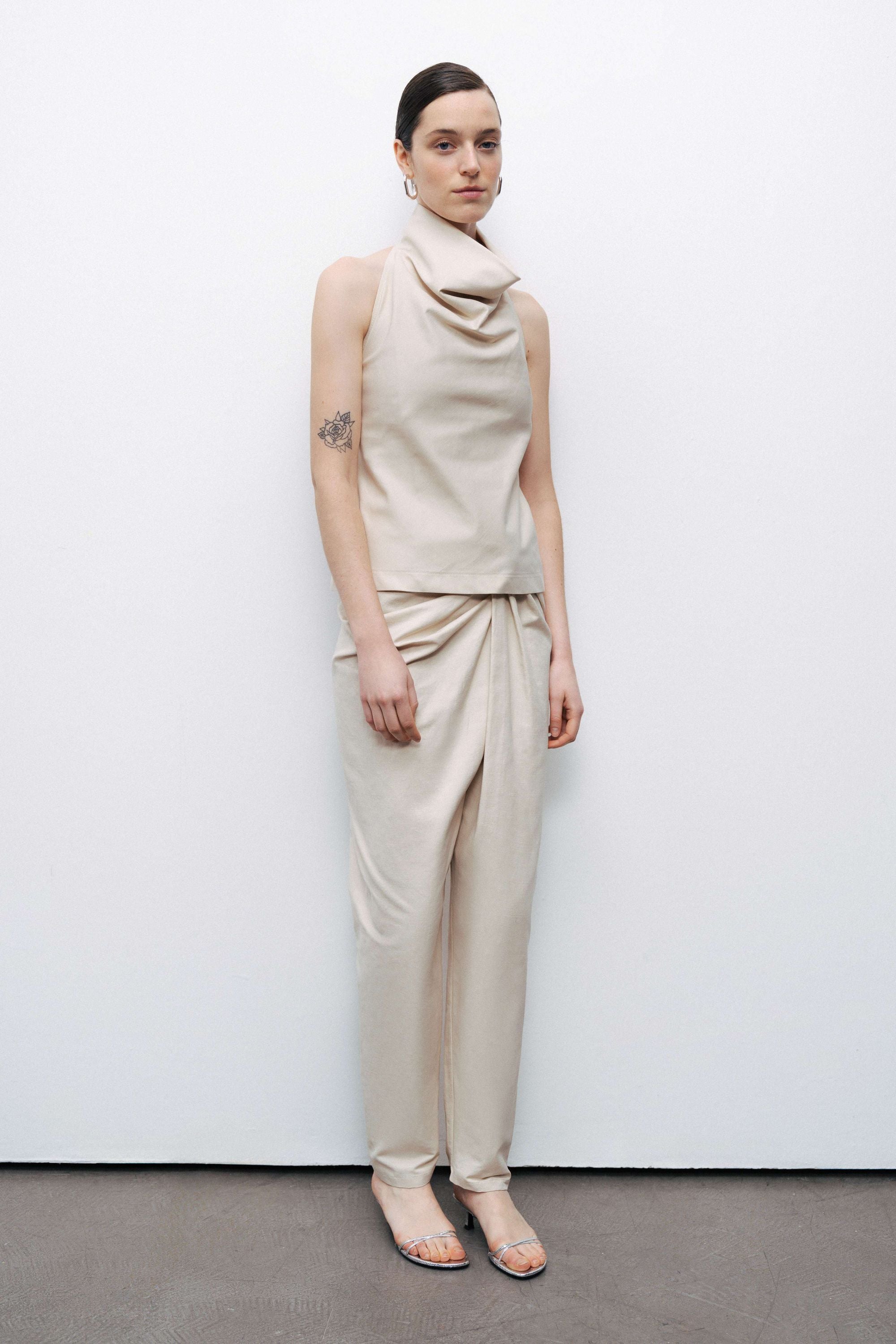 Beige Draped Neckline Open Back Detailed Blouse