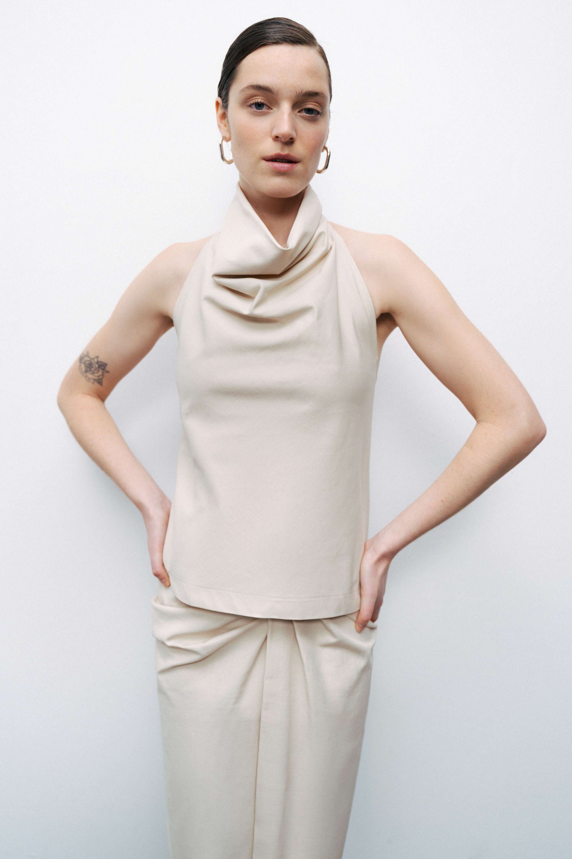 Beige Draped Neckline Open Back Detailed Blouse