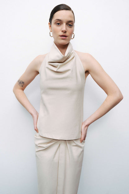Beige Draped Neckline Open Back Detailed Blouse