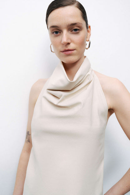 Beige Draped Neckline Open Back Detailed Blouse