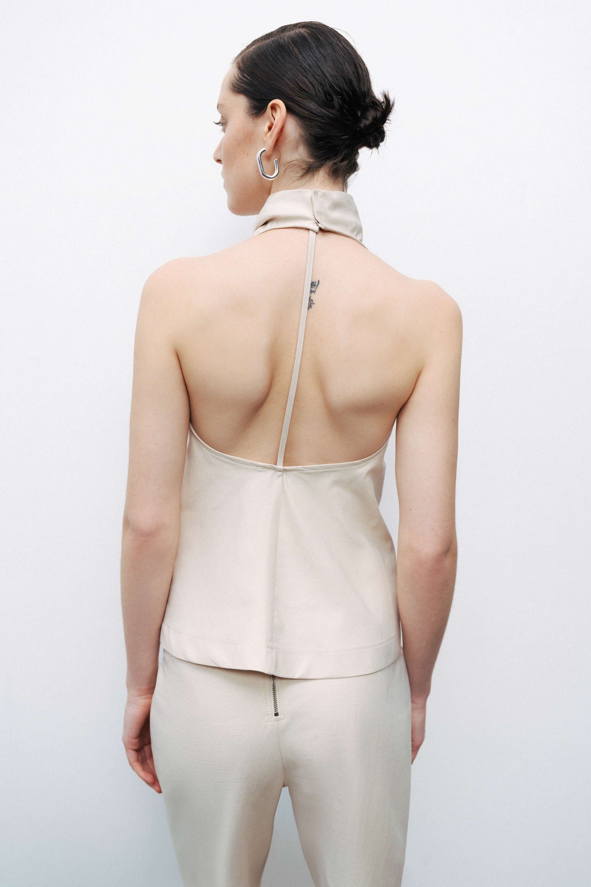 Beige Draped Neckline Open Back Detailed Blouse