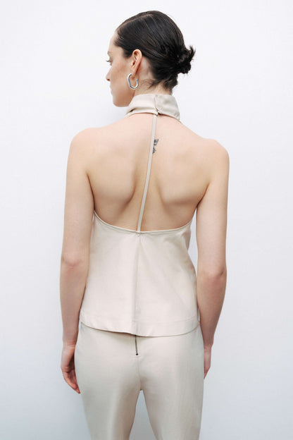 Beige Draped Neckline Open Back Detailed Blouse