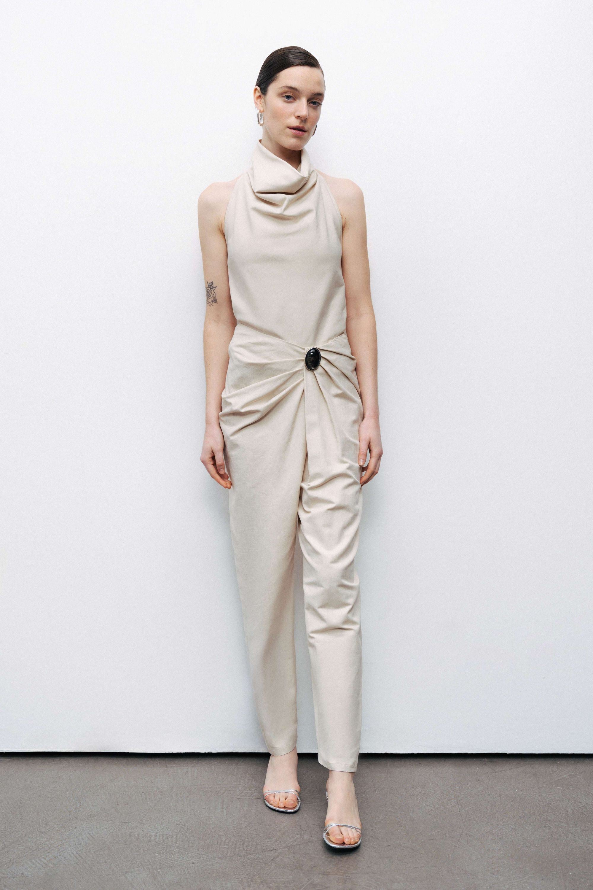 Beige Draped Neckline Open Back Detailed Blouse