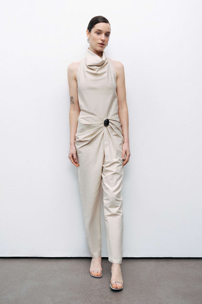 Beige Draped Neckline Open Back Detailed Blouse