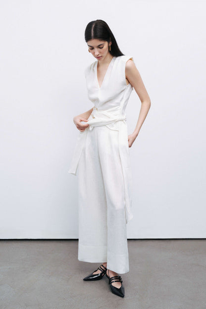 Ecru Linen Waist Accessory Detailed Blouse