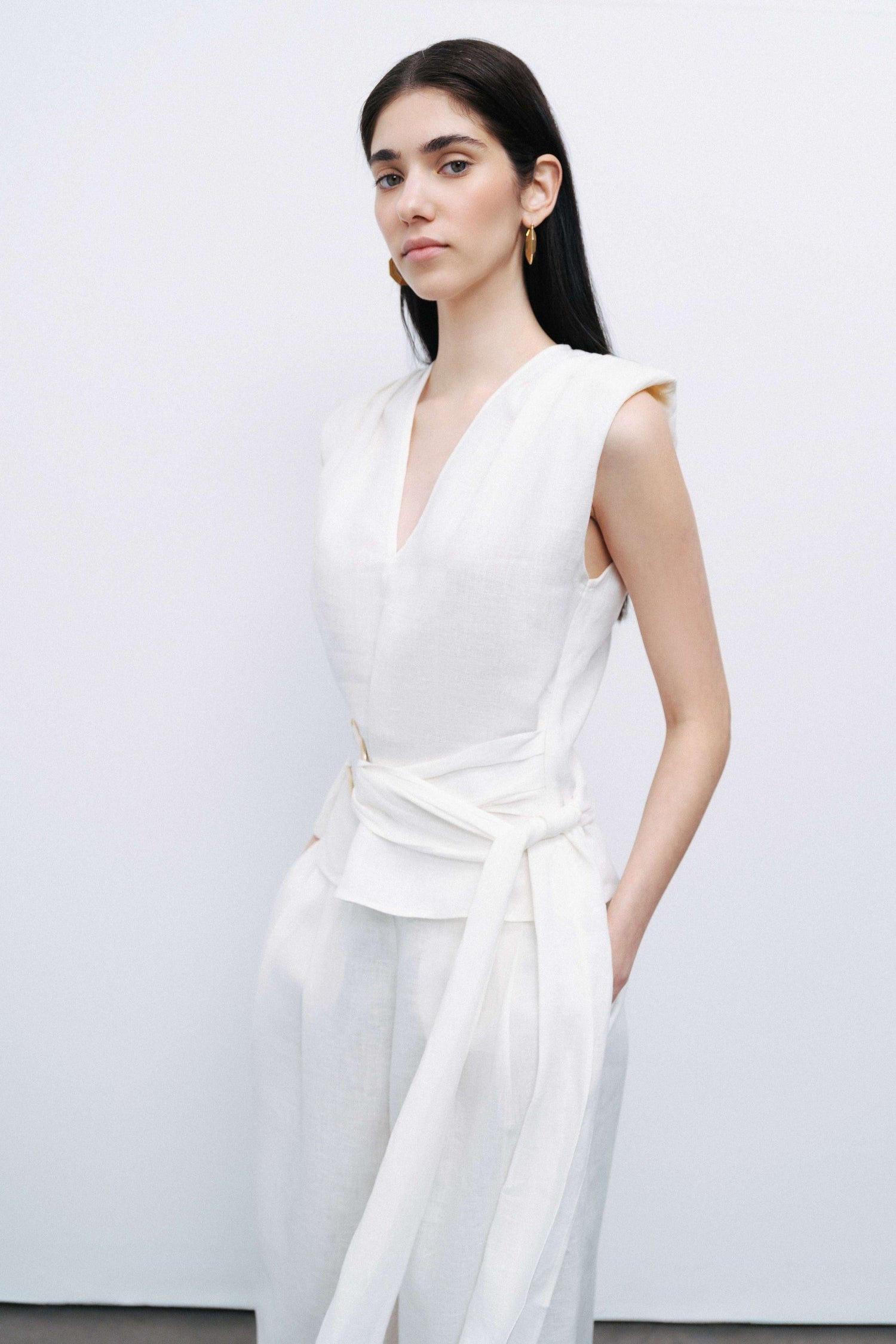 Ecru Linen Waist Accessory Detailed Blouse