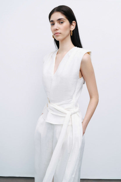 Ecru Linen Waist Accessory Detailed Blouse