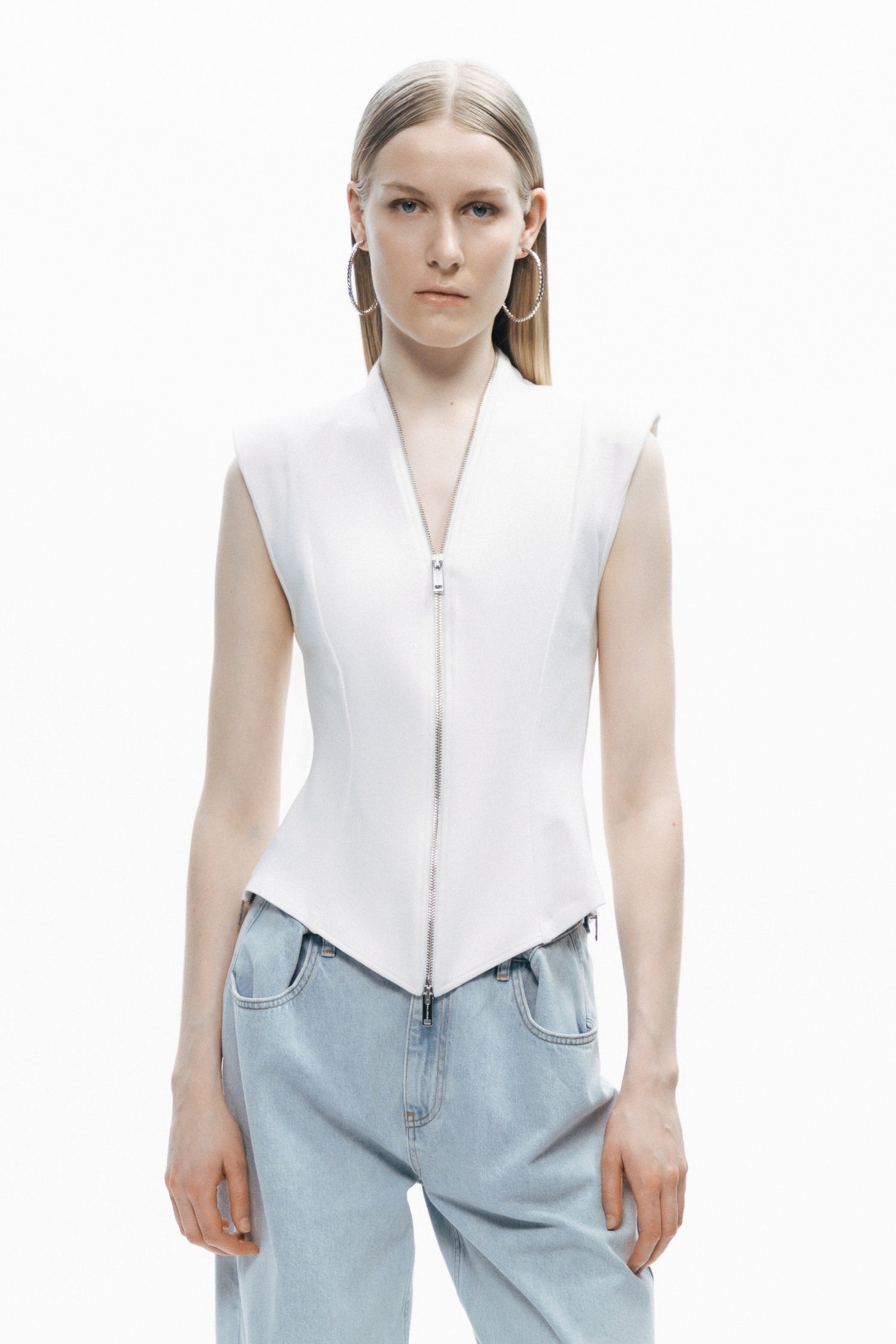 Ecru Zipper Design Woven Blouse
