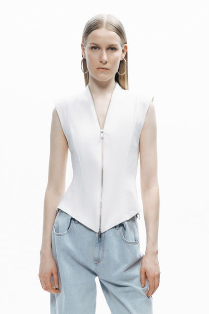 Ecru Zipper Design Woven Blouse