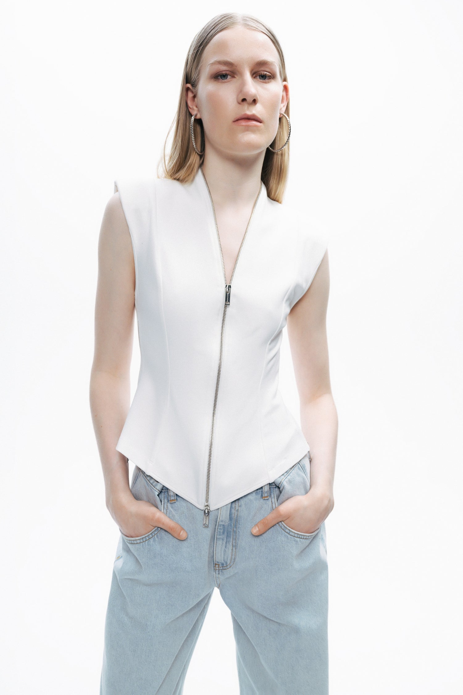 Ecru Zipper Design Woven Blouse