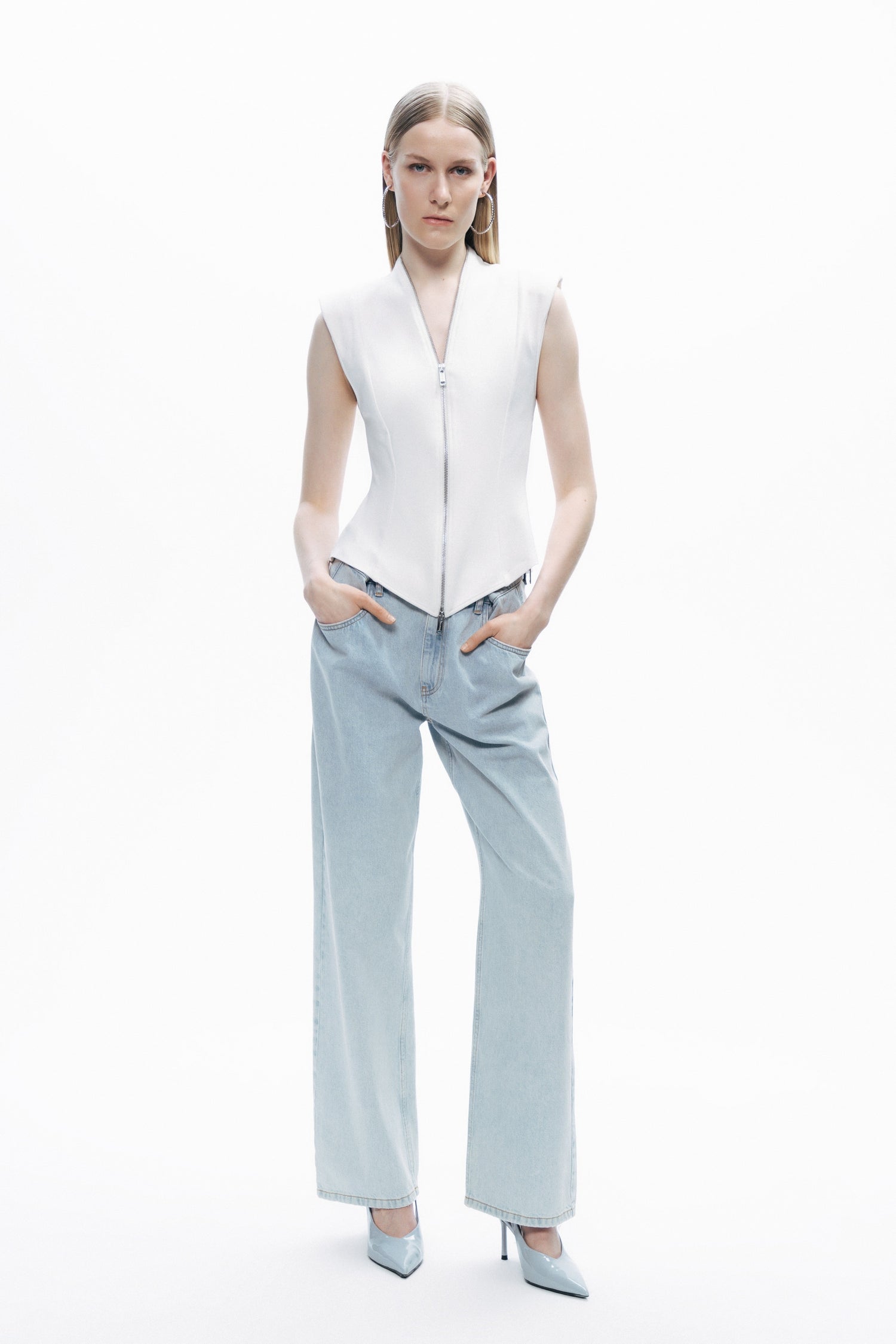 Ecru Zipper Design Woven Blouse