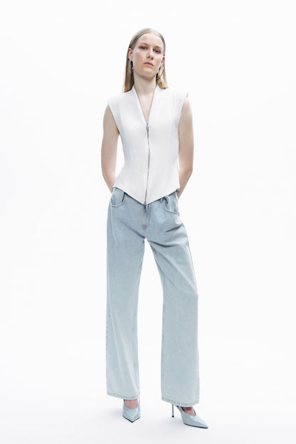 Ecru Zipper Design Woven Blouse