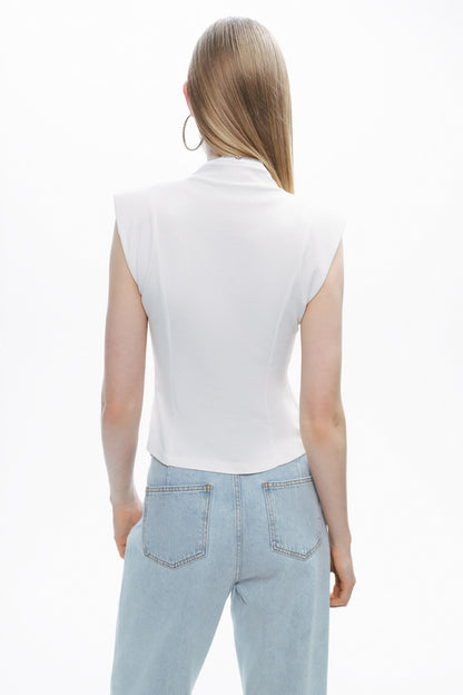 Ecru Zipper Design Woven Blouse