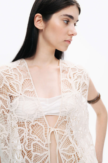 Ecru Floral Embroidered Detailed Vest
