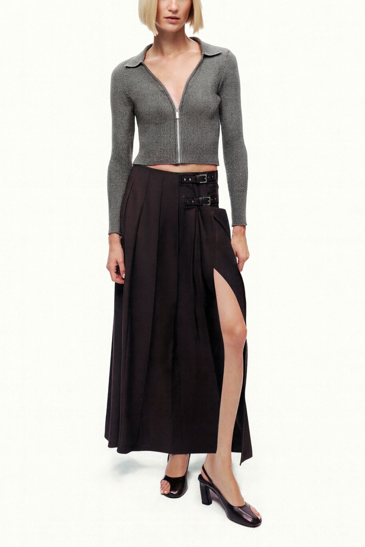 Zip-Front Ribbed Knit Top