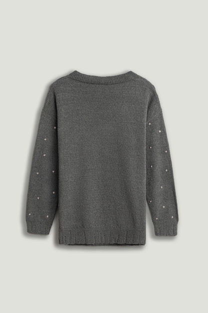 Embellished V-Neck Knit Sweater