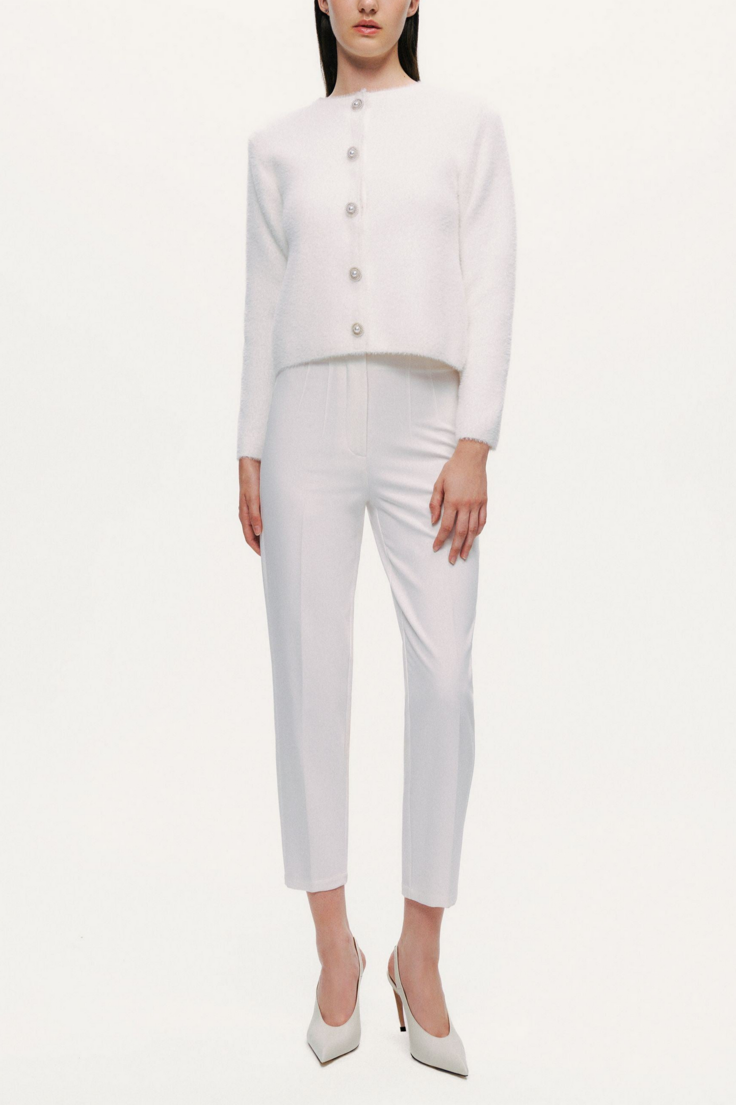 Cropped Pearl-Button Crewneck Cardigan