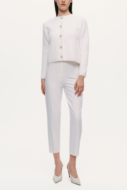 Cropped Pearl-Button Crewneck Cardigan
