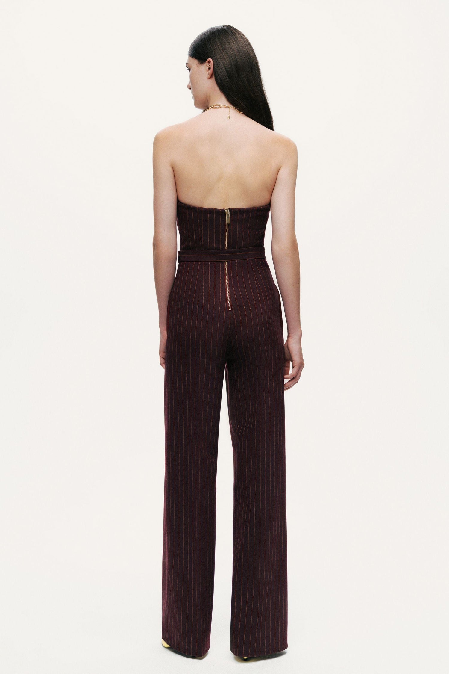 Strapless Pinstripe Belted Jumpsuit