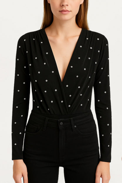 Black Embellished V-Neck Long-Sleeve Bodysuit