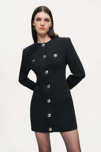 Black Padded Shoulder Mini Dress