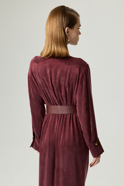 Belted Draped Shirt-Collar Maxi Dress