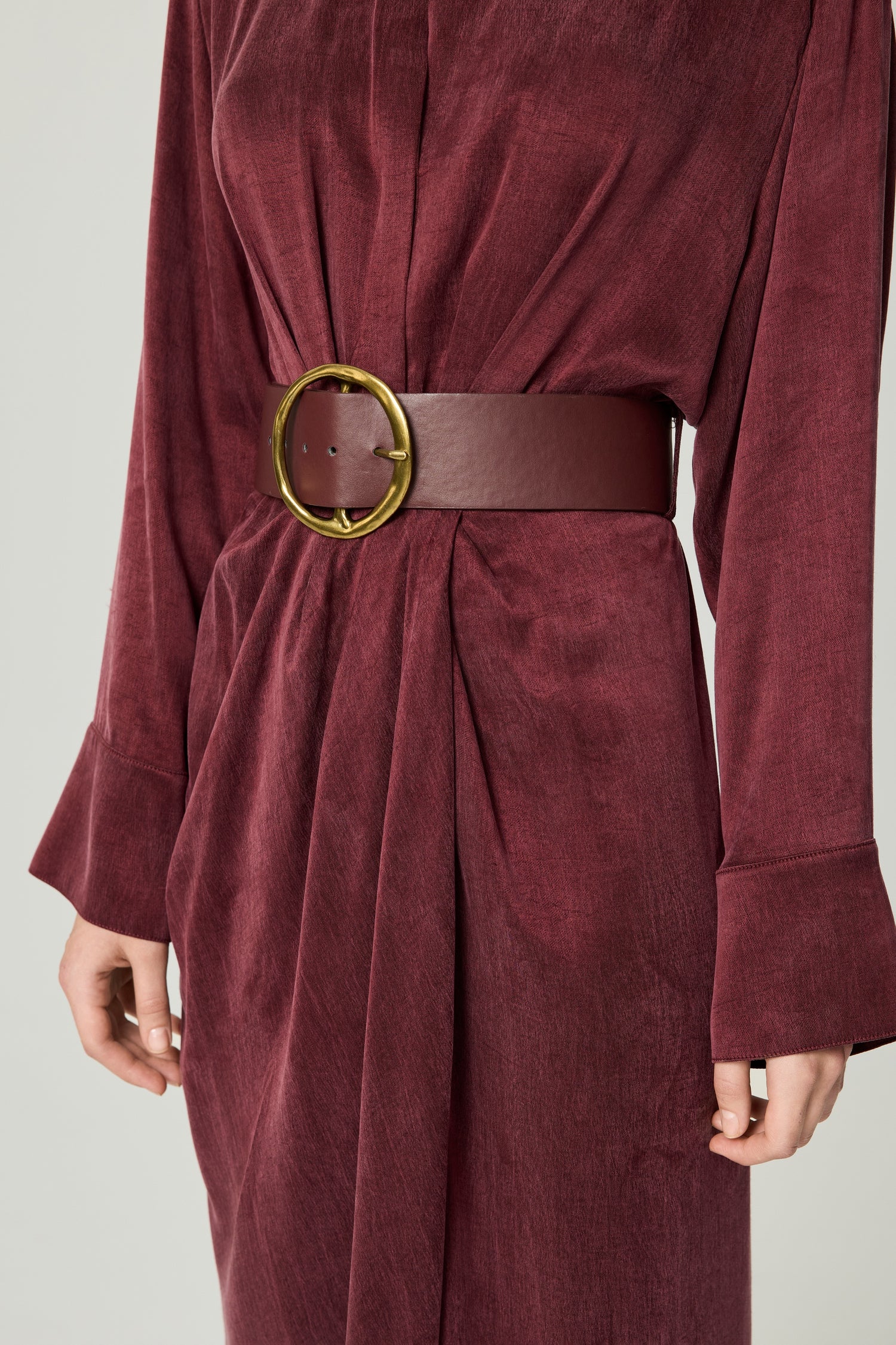 Belted Draped Shirt-Collar Maxi Dress