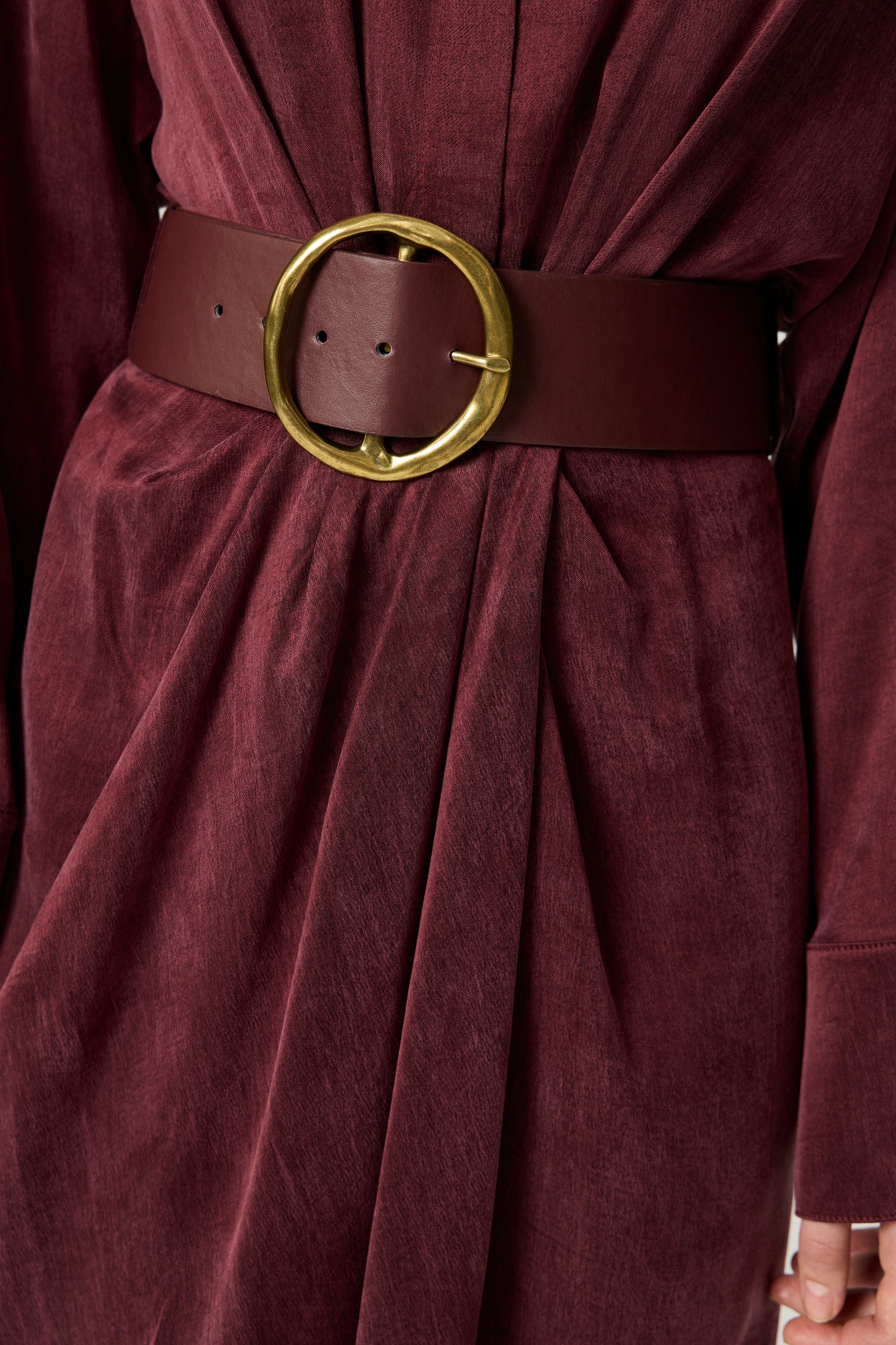 Belted Draped Shirt-Collar Maxi Dress