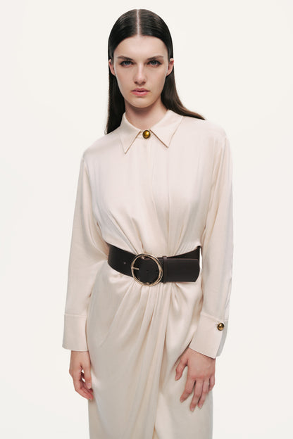Belted Draped Shirt-Collar Maxi Dress