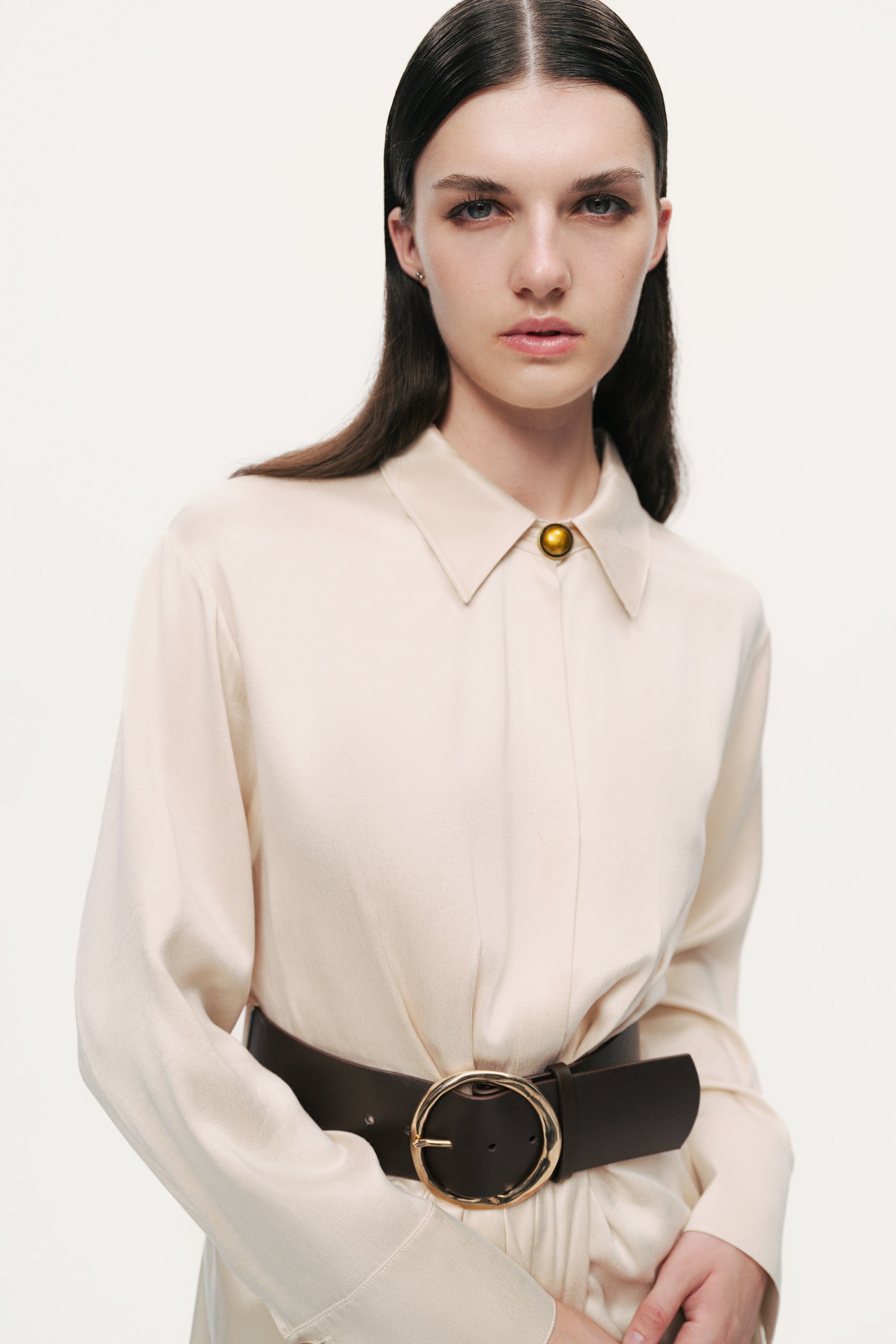 Belted Draped Shirt-Collar Maxi Dress