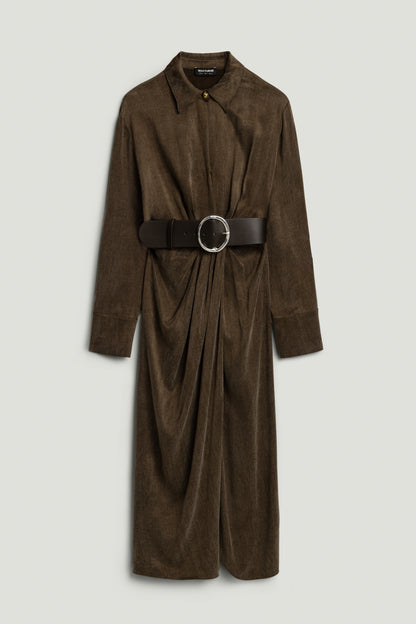 Belted Draped Shirt-Collar Maxi Dress