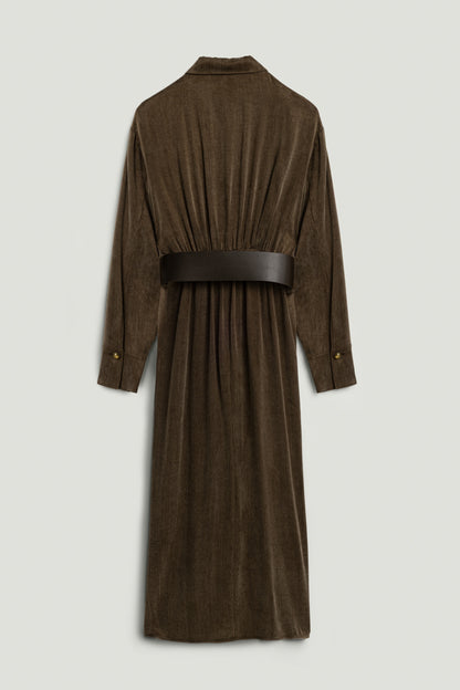 Belted Draped Shirt-Collar Maxi Dress
