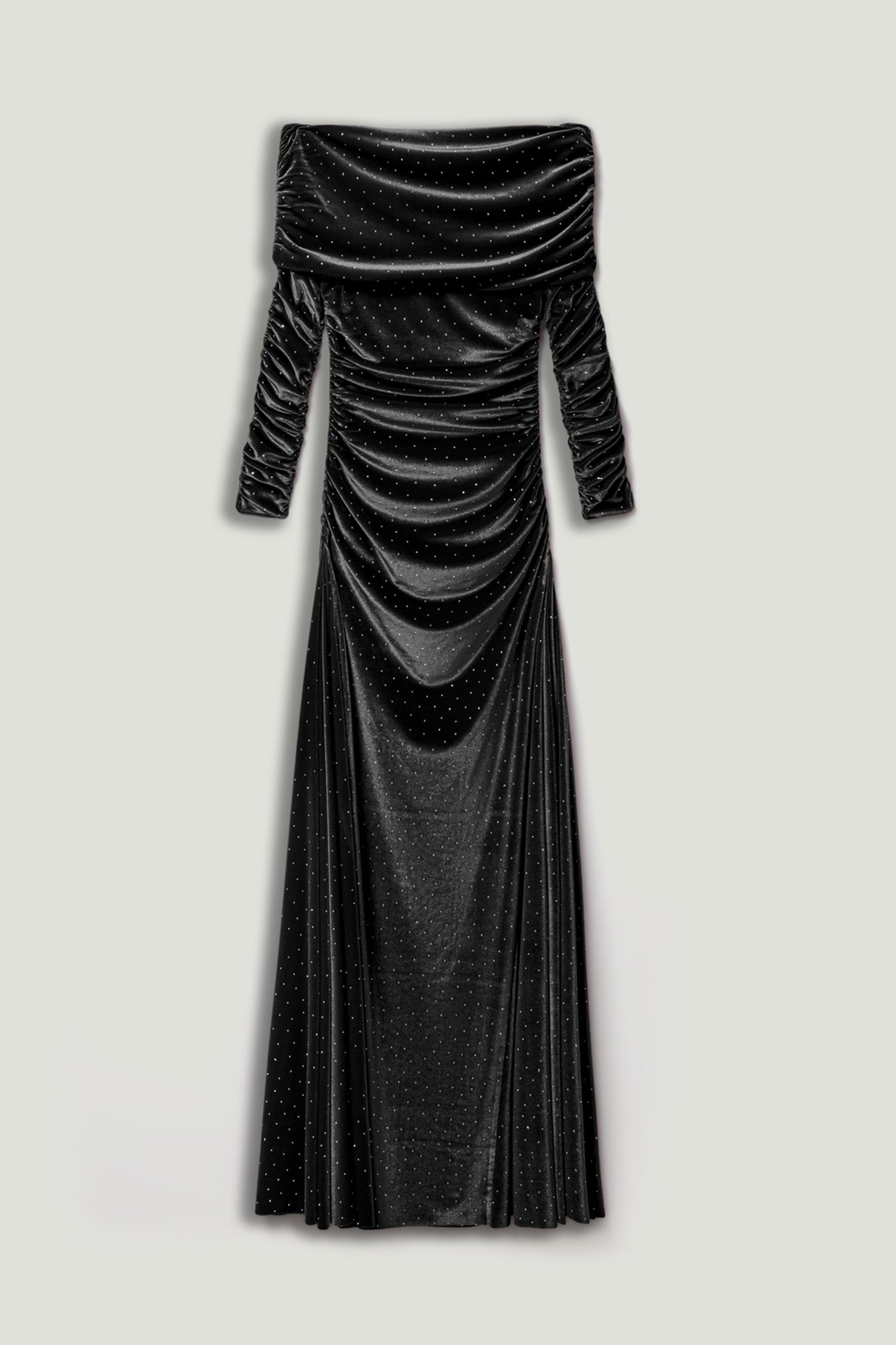 Off-Shoulder Velvet Maxi Dress with Rhinestone Detail