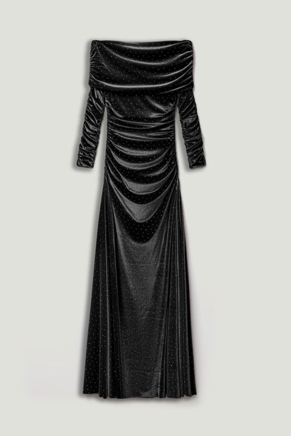 Off-Shoulder Velvet Maxi Dress with Rhinestone Detail