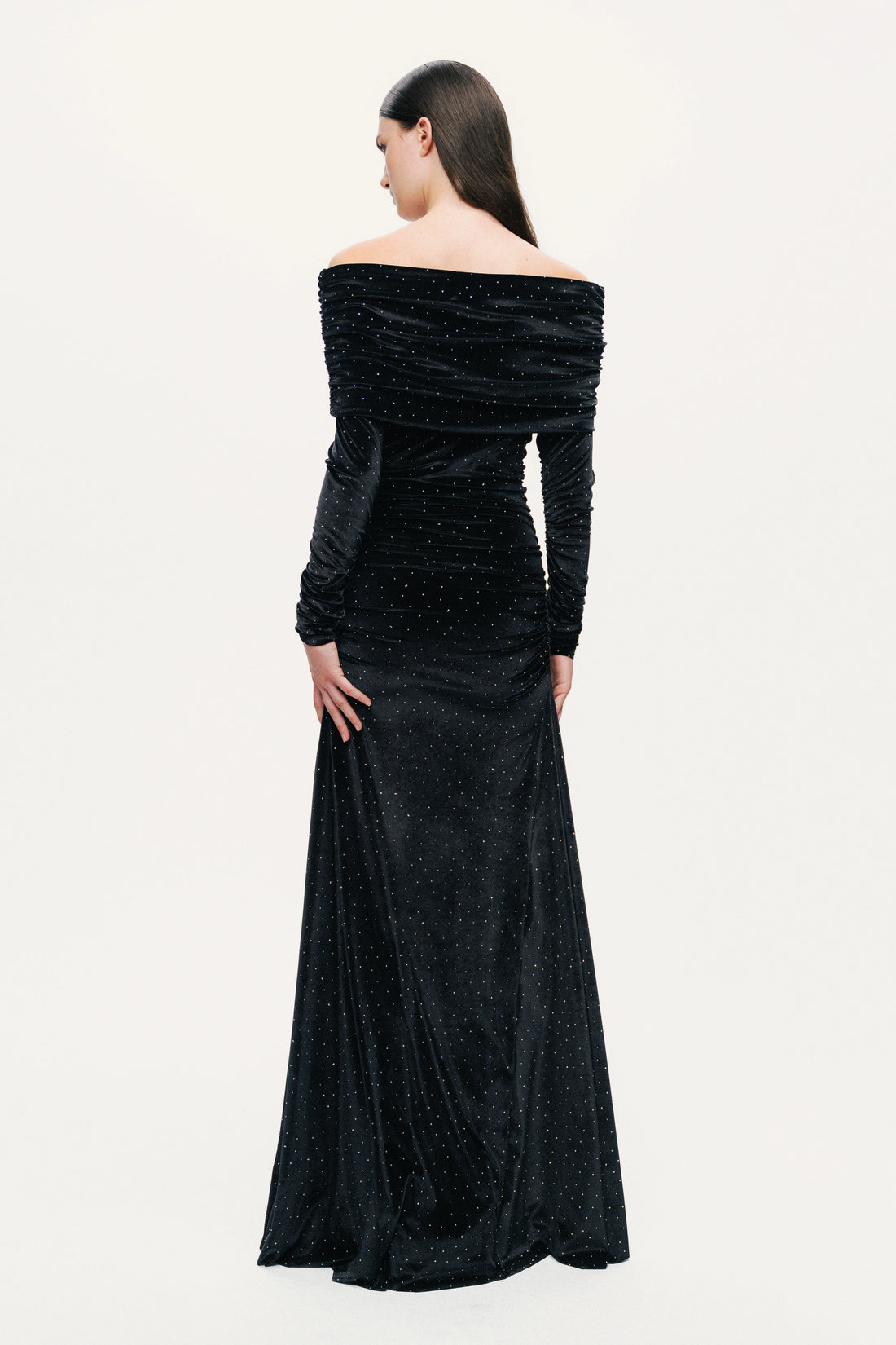 Off-Shoulder Velvet Maxi Dress with Rhinestone Detail