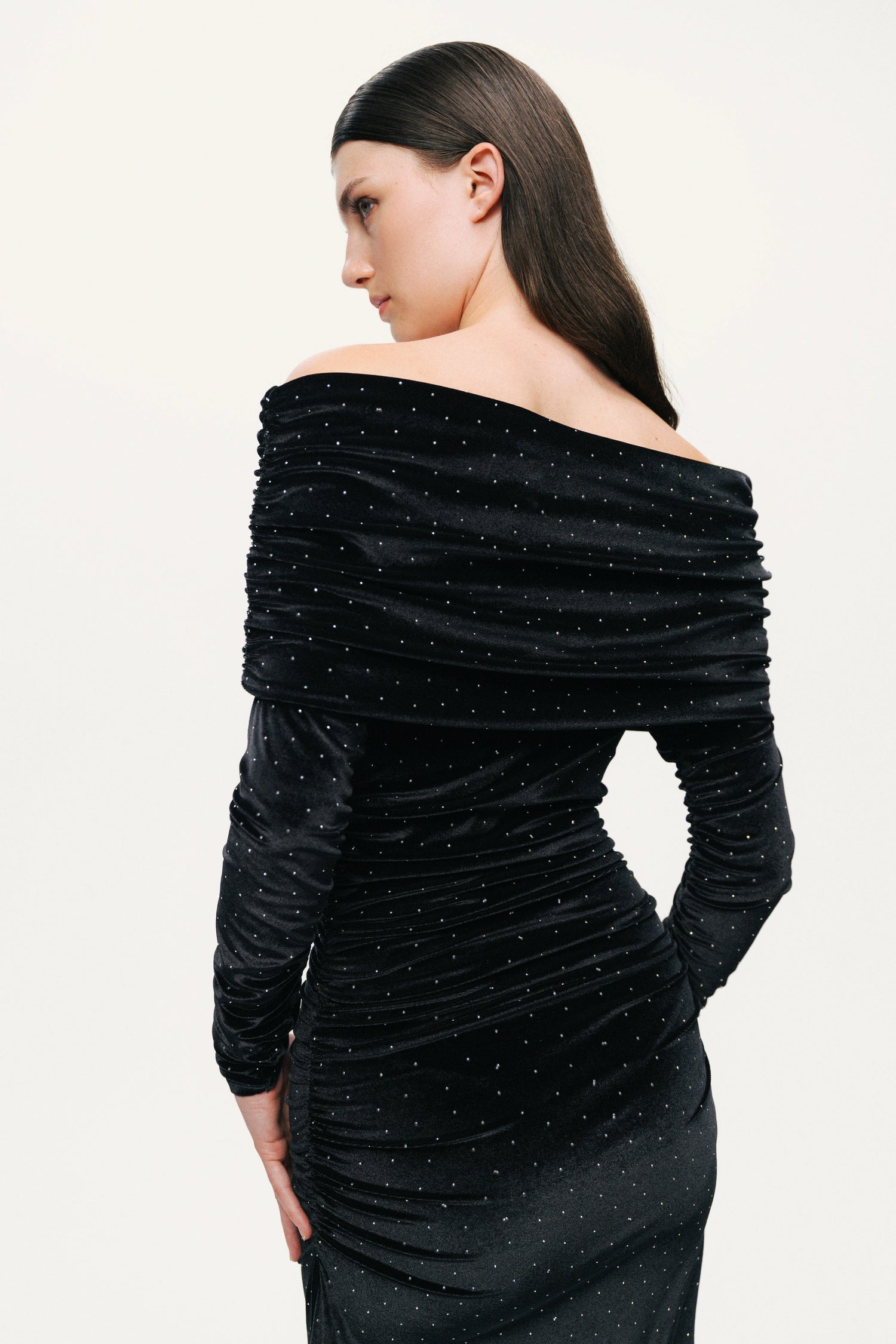 Off-Shoulder Velvet Maxi Dress with Rhinestone Detail