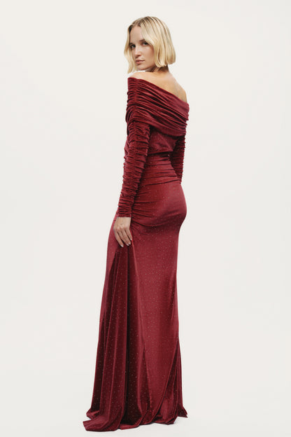 Off-Shoulder Velvet Maxi Dress with Rhinestone Detail