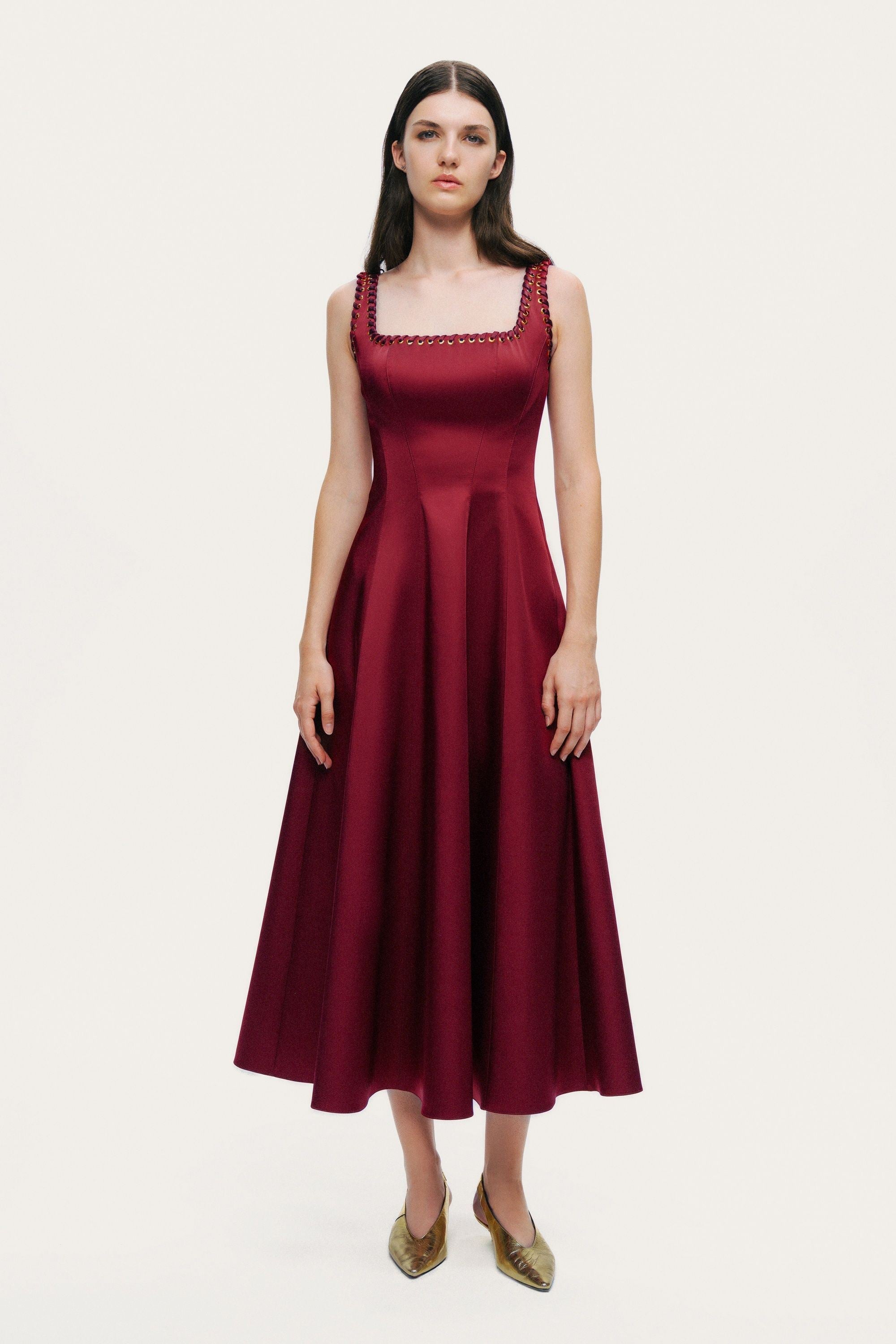 Embellished Square-Neck Midi Dress