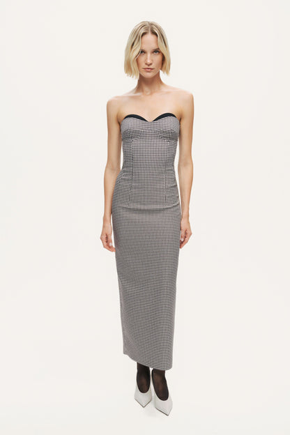 Sweetheart Neckline Strapless Checked Midi Dress