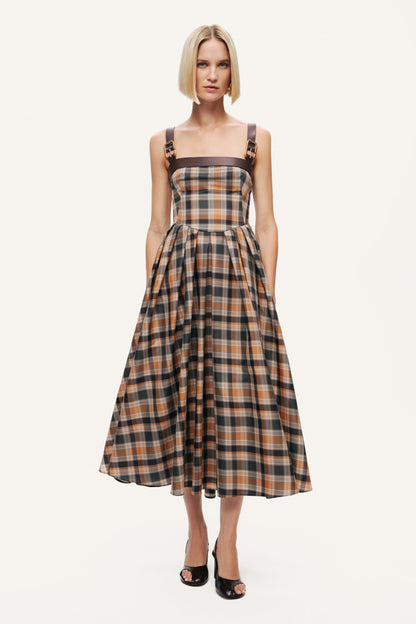 Plaid Pleated Maxi Dress with Faux Leather Belt