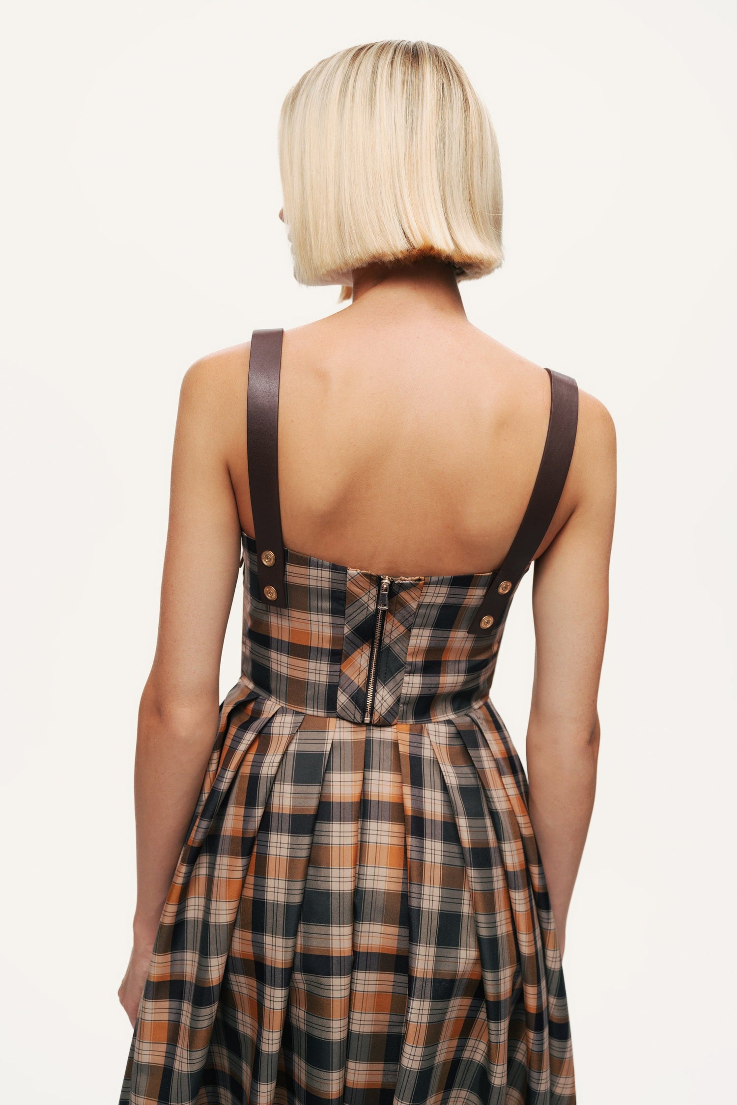 Plaid Pleated Maxi Dress with Faux Leather Belt