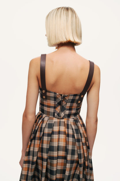 Plaid Pleated Maxi Dress with Faux Leather Belt