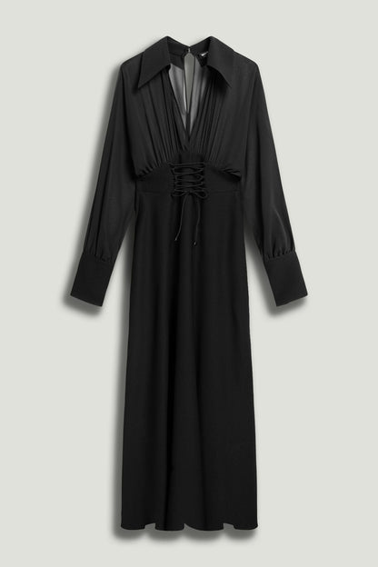 Sheer Lace-Up Waist Maxi Shirt Dress