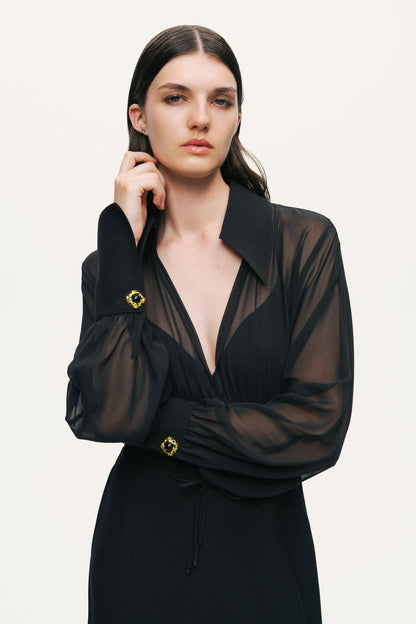 Sheer Lace-Up Waist Maxi Shirt Dress