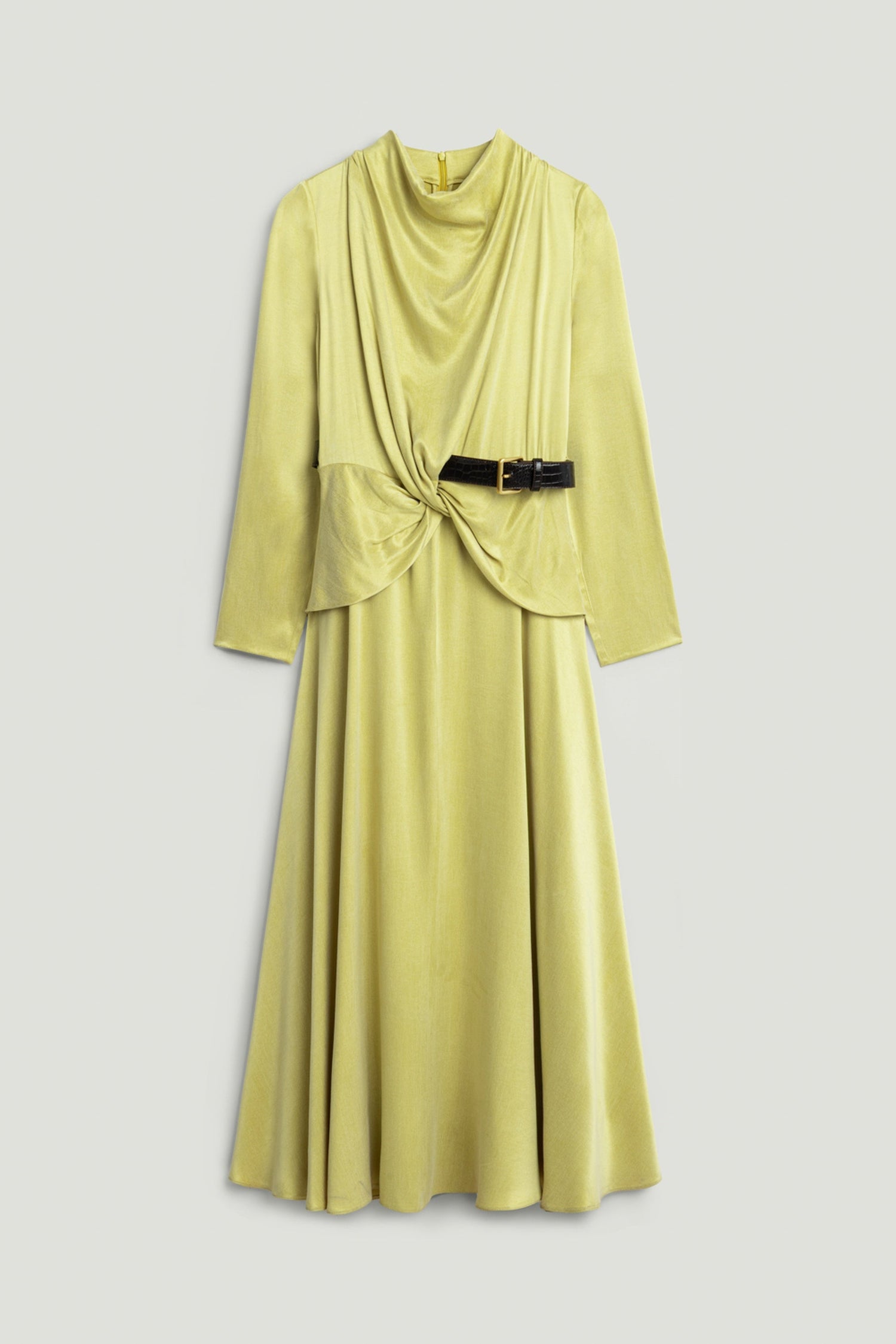 Draped Belted Long-Sleeve Maxi Dress