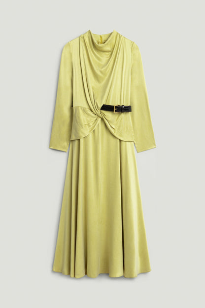 Draped Belted Long-Sleeve Maxi Dress