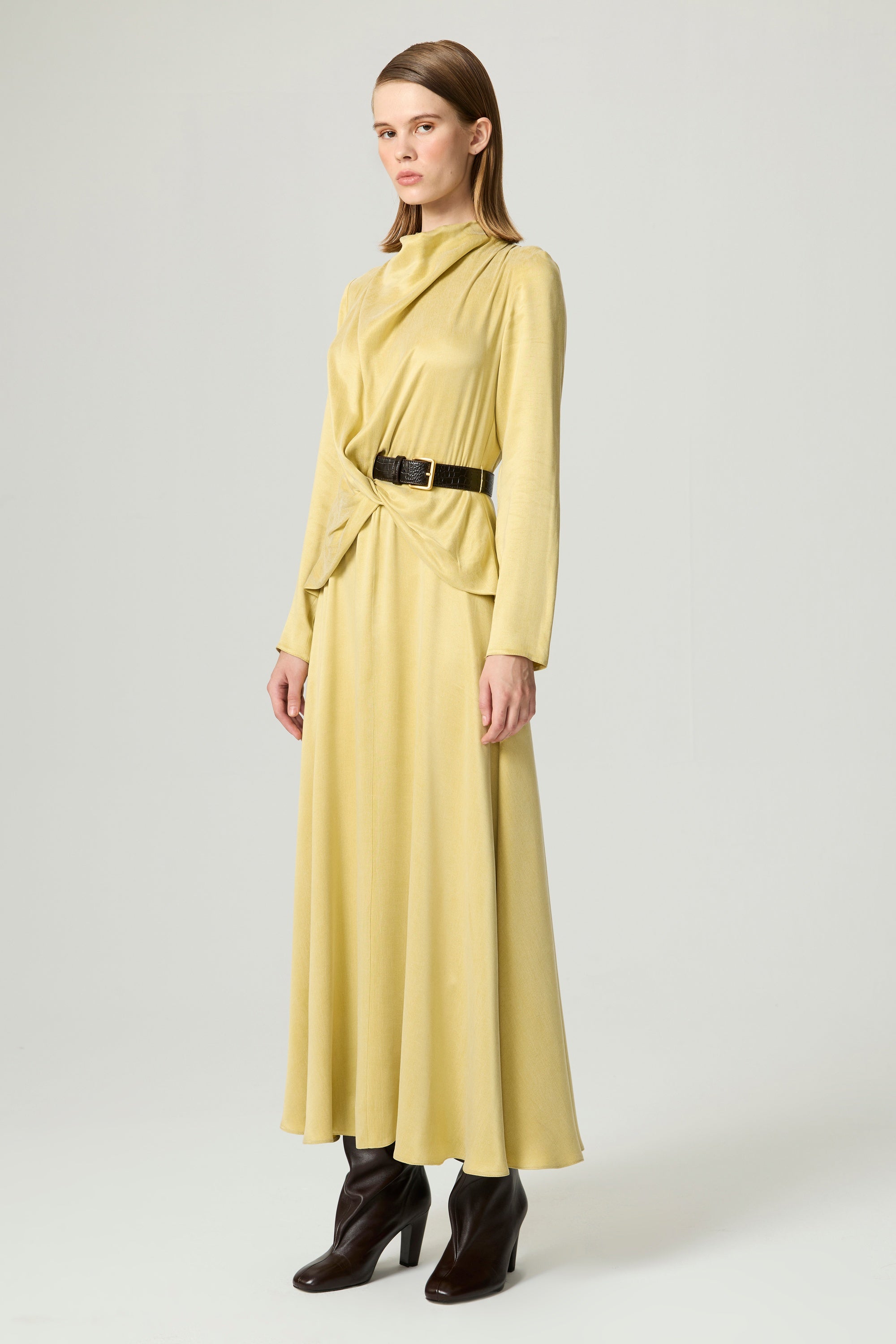 Draped Belted Long-Sleeve Maxi Dress