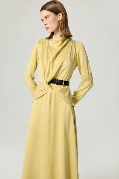 Draped Belted Long-Sleeve Maxi Dress