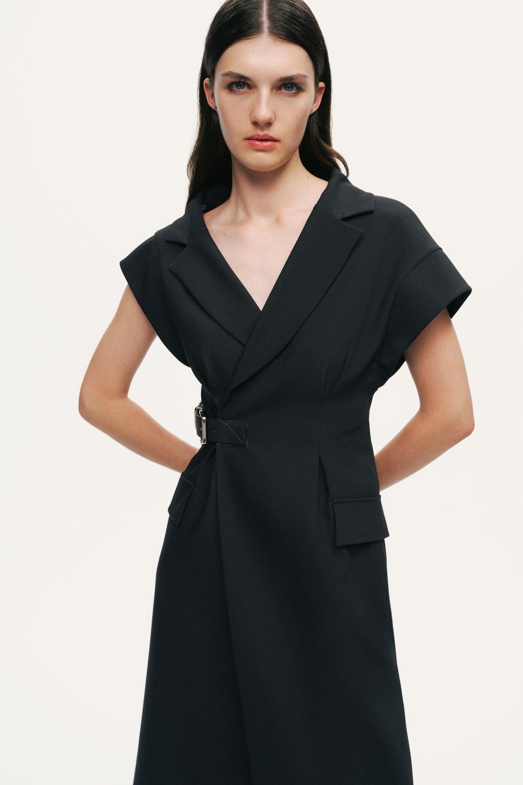 Tailored Buckle-Wrap Midi Dress