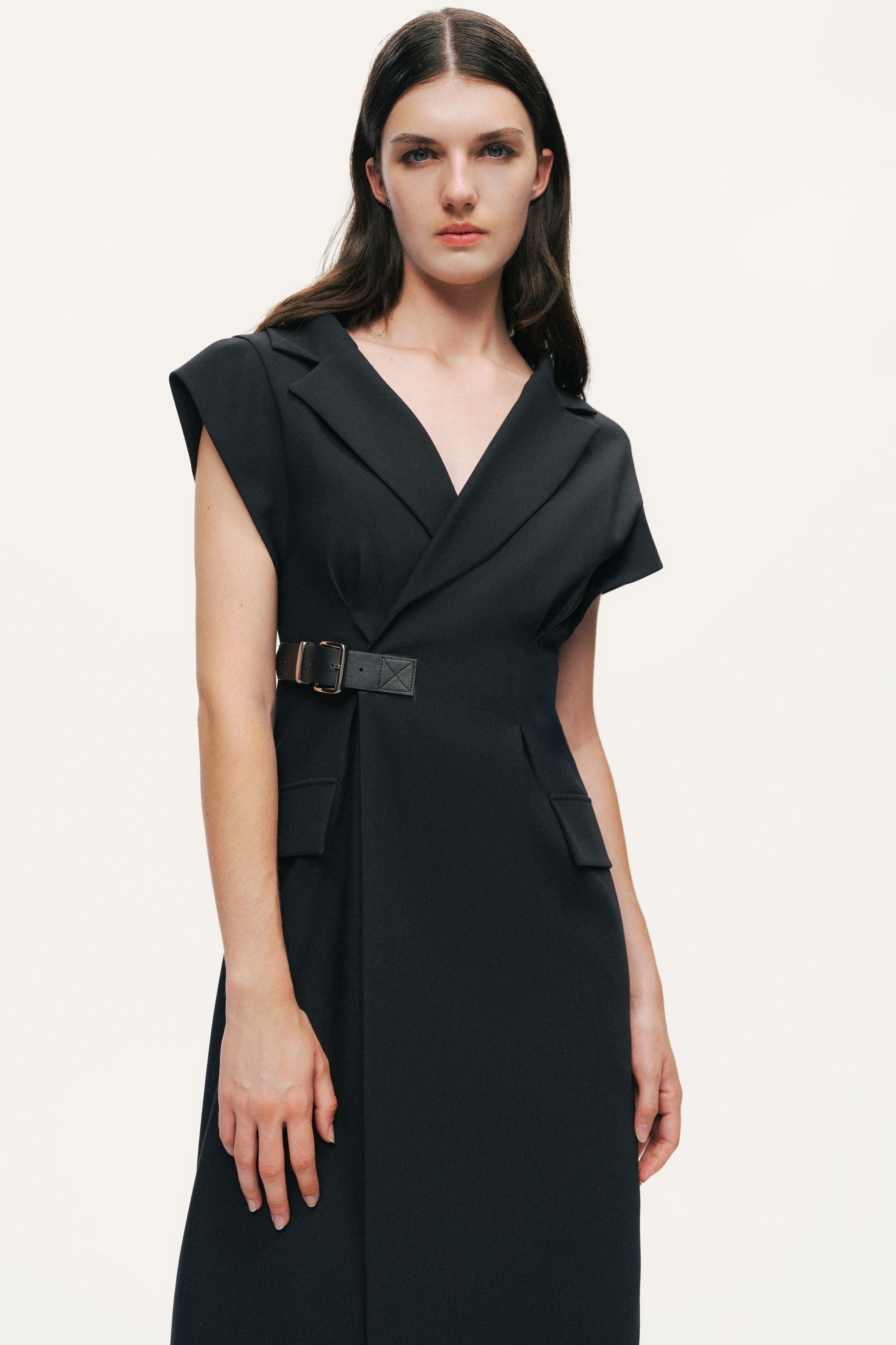 Tailored Buckle-Wrap Midi Dress